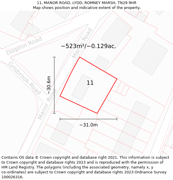 11, MANOR ROAD, LYDD, ROMNEY MARSH, TN29 9HR: Plot and title map