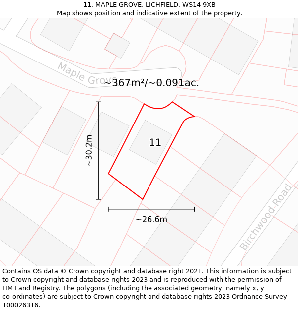 11, MAPLE GROVE, LICHFIELD, WS14 9XB: Plot and title map