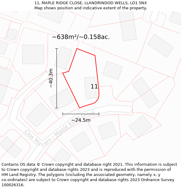 11, MAPLE RIDGE CLOSE, LLANDRINDOD WELLS, LD1 5NX: Plot and title map