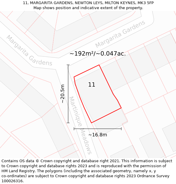 11, MARGARITA GARDENS, NEWTON LEYS, MILTON KEYNES, MK3 5FP: Plot and title map