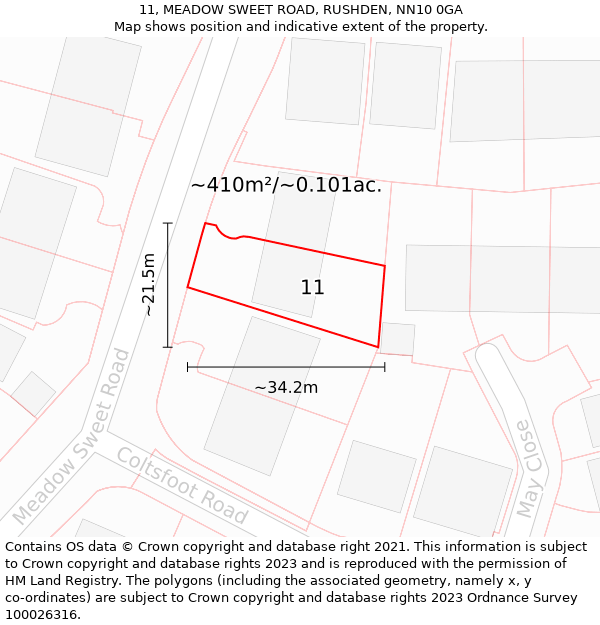 11, MEADOW SWEET ROAD, RUSHDEN, NN10 0GA: Plot and title map