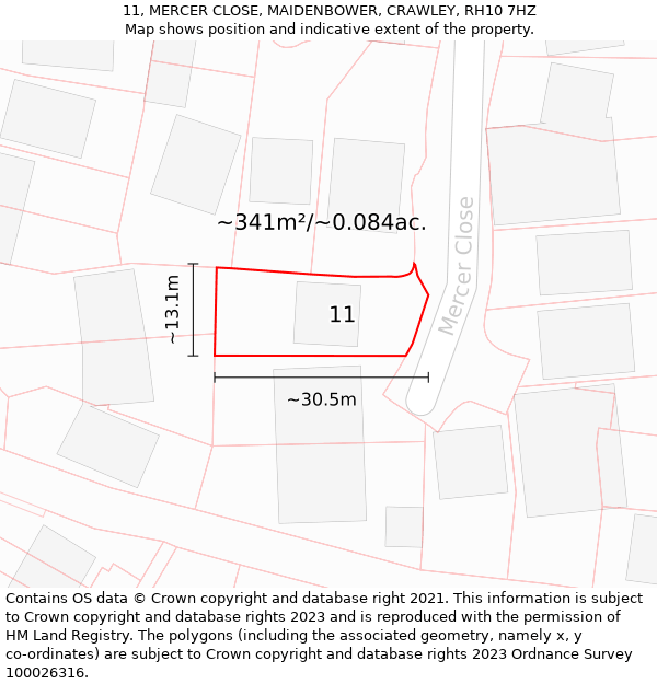 11, MERCER CLOSE, MAIDENBOWER, CRAWLEY, RH10 7HZ: Plot and title map