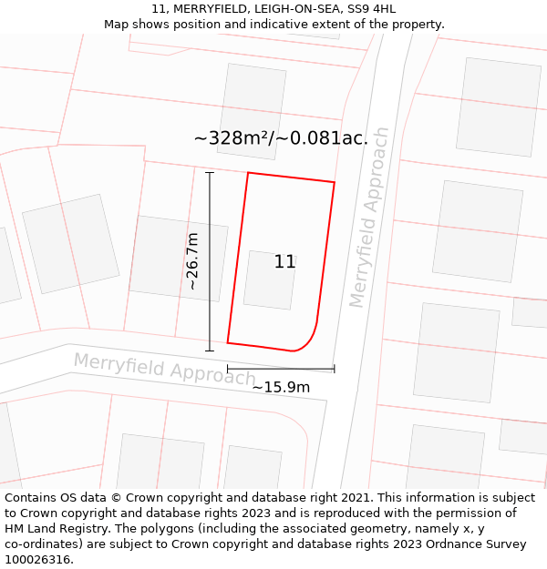 11, MERRYFIELD, LEIGH-ON-SEA, SS9 4HL: Plot and title map