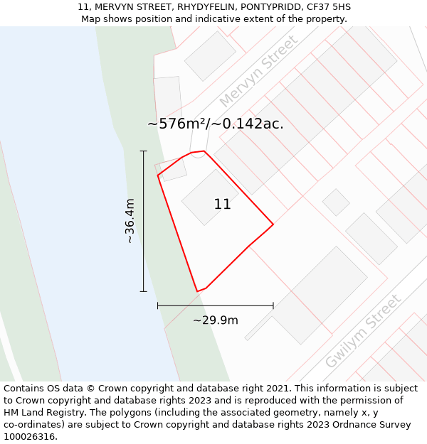 11, MERVYN STREET, RHYDYFELIN, PONTYPRIDD, CF37 5HS: Plot and title map