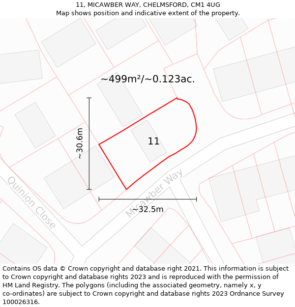 11, MICAWBER WAY, CHELMSFORD, CM1 4UG: Plot and title map