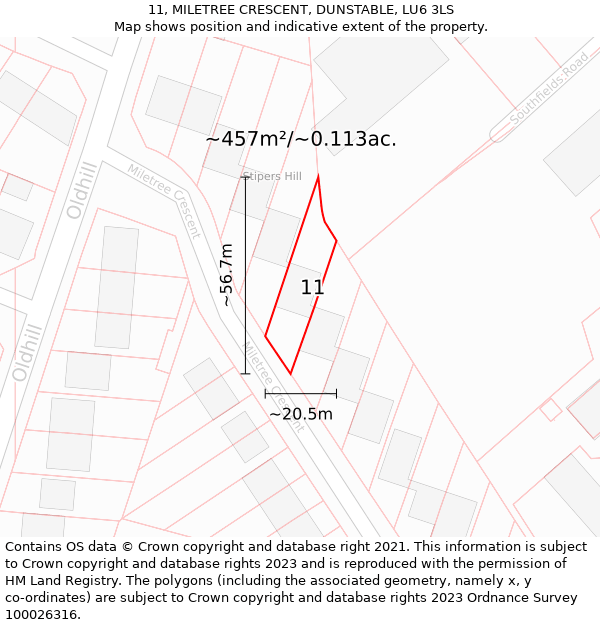 11, MILETREE CRESCENT, DUNSTABLE, LU6 3LS: Plot and title map