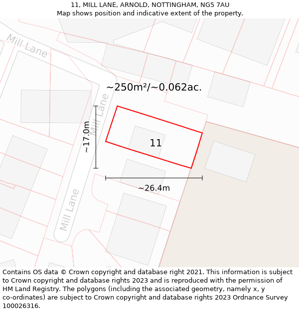 11, MILL LANE, ARNOLD, NOTTINGHAM, NG5 7AU: Plot and title map