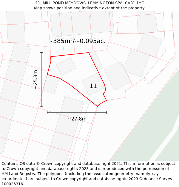 11, MILL POND MEADOWS, LEAMINGTON SPA, CV31 1AG: Plot and title map