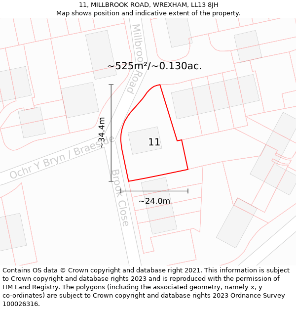 11, MILLBROOK ROAD, WREXHAM, LL13 8JH: Plot and title map