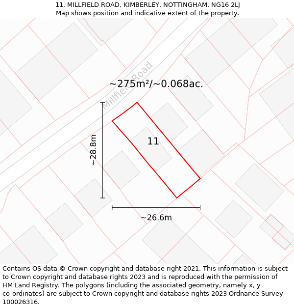 11, MILLFIELD ROAD, KIMBERLEY, NOTTINGHAM, NG16 2LJ: Plot and title map