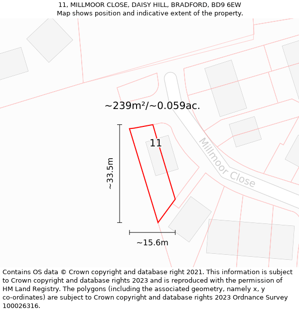 11, MILLMOOR CLOSE, DAISY HILL, BRADFORD, BD9 6EW: Plot and title map