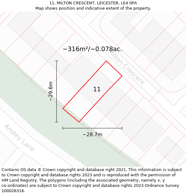 11, MILTON CRESCENT, LEICESTER, LE4 0PA: Plot and title map