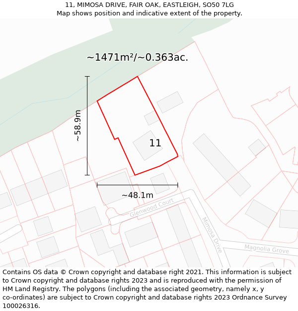 11, MIMOSA DRIVE, FAIR OAK, EASTLEIGH, SO50 7LG: Plot and title map