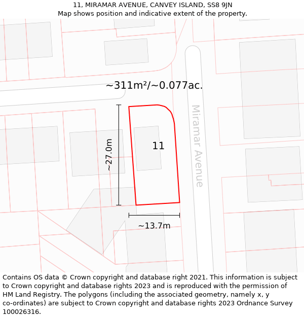 11, MIRAMAR AVENUE, CANVEY ISLAND, SS8 9JN: Plot and title map