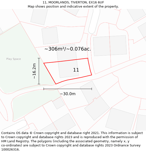 11, MOORLANDS, TIVERTON, EX16 6UF: Plot and title map