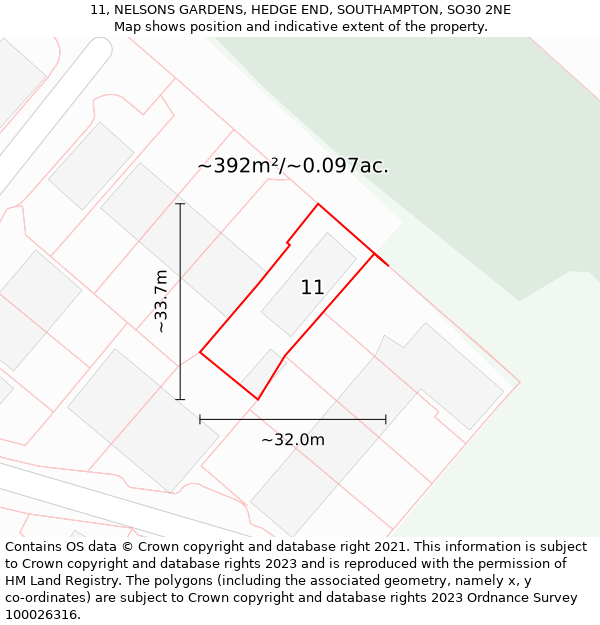 11, NELSONS GARDENS, HEDGE END, SOUTHAMPTON, SO30 2NE: Plot and title map