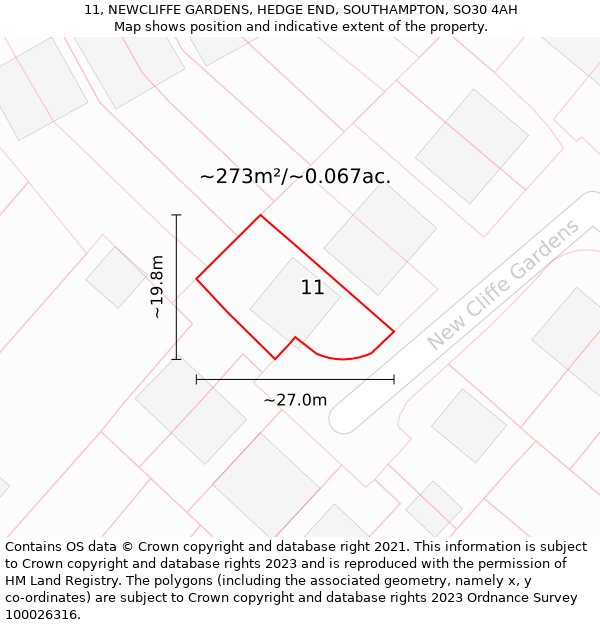 11, NEWCLIFFE GARDENS, HEDGE END, SOUTHAMPTON, SO30 4AH: Plot and title map