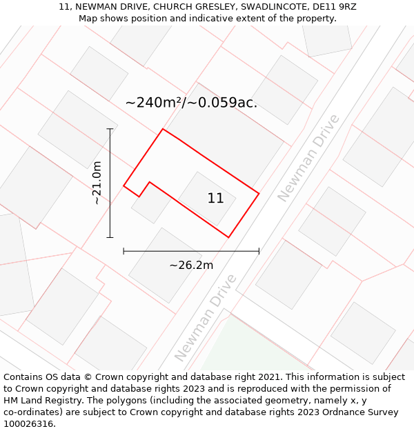 11, NEWMAN DRIVE, CHURCH GRESLEY, SWADLINCOTE, DE11 9RZ: Plot and title map