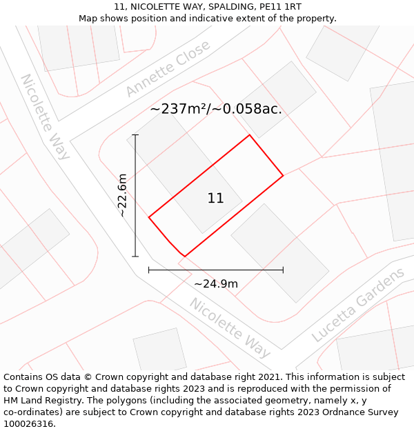 11, NICOLETTE WAY, SPALDING, PE11 1RT: Plot and title map