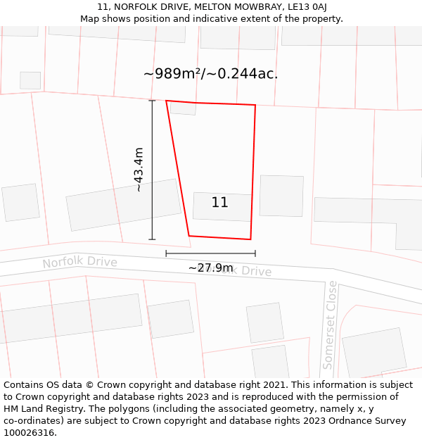 11, NORFOLK DRIVE, MELTON MOWBRAY, LE13 0AJ: Plot and title map