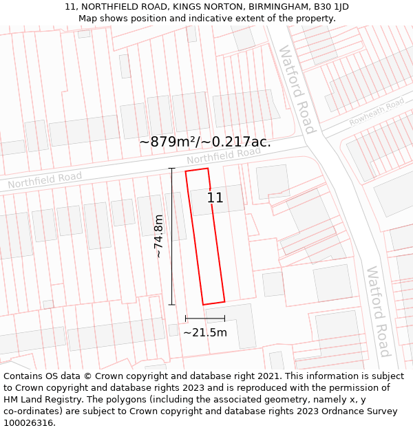 11, NORTHFIELD ROAD, KINGS NORTON, BIRMINGHAM, B30 1JD: Plot and title map
