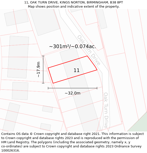 11, OAK TURN DRIVE, KINGS NORTON, BIRMINGHAM, B38 8PT: Plot and title map