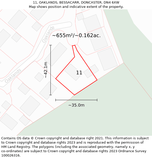 11, OAKLANDS, BESSACARR, DONCASTER, DN4 6XW: Plot and title map