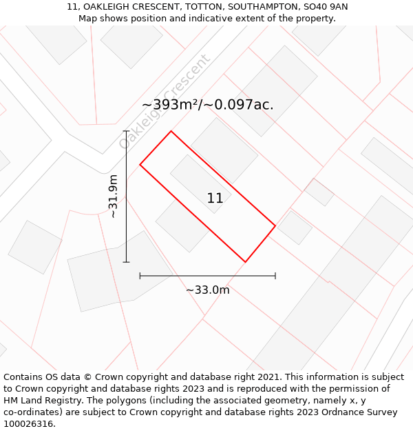 11, OAKLEIGH CRESCENT, TOTTON, SOUTHAMPTON, SO40 9AN: Plot and title map