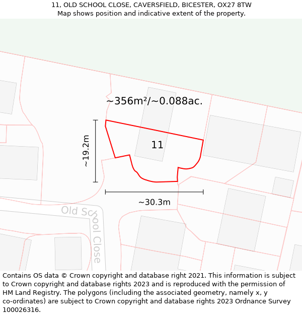 11, OLD SCHOOL CLOSE, CAVERSFIELD, BICESTER, OX27 8TW: Plot and title map