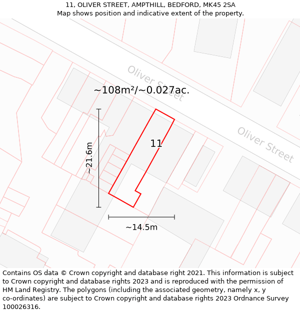 11, OLIVER STREET, AMPTHILL, BEDFORD, MK45 2SA: Plot and title map