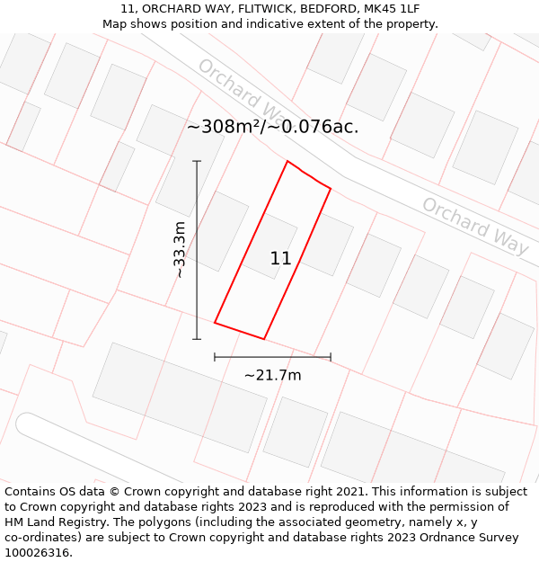 11, ORCHARD WAY, FLITWICK, BEDFORD, MK45 1LF: Plot and title map