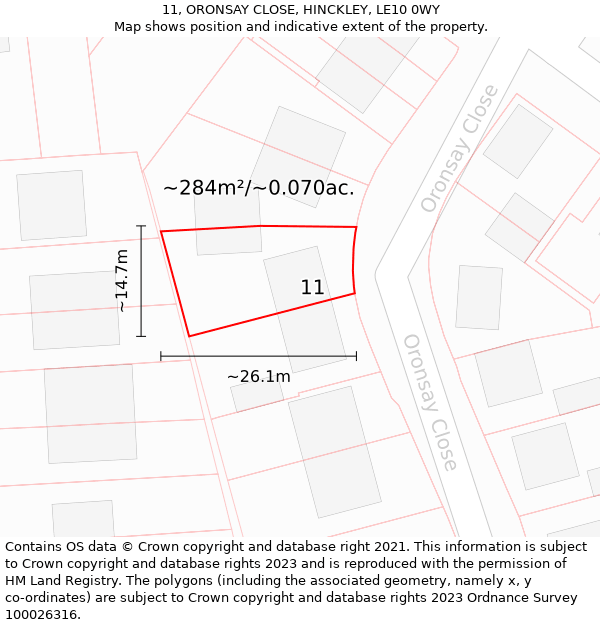 11, ORONSAY CLOSE, HINCKLEY, LE10 0WY: Plot and title map