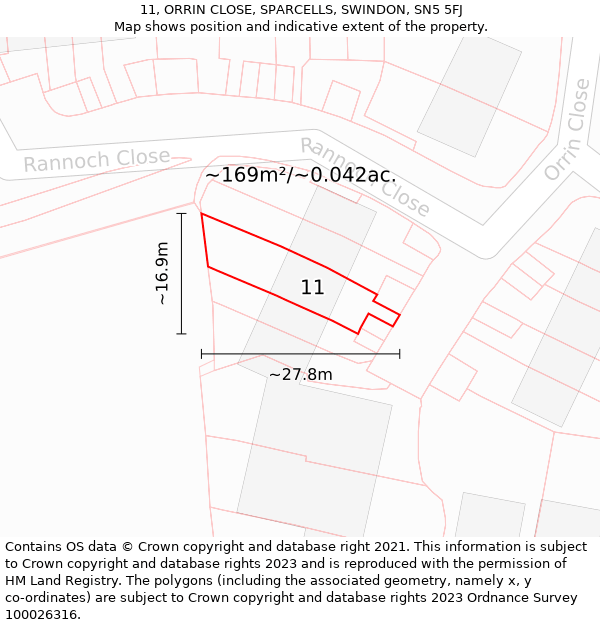 11, ORRIN CLOSE, SPARCELLS, SWINDON, SN5 5FJ: Plot and title map