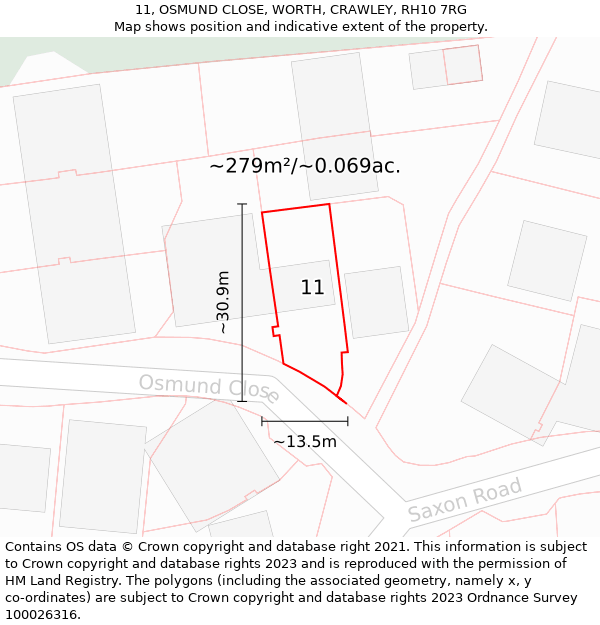 11, OSMUND CLOSE, WORTH, CRAWLEY, RH10 7RG: Plot and title map