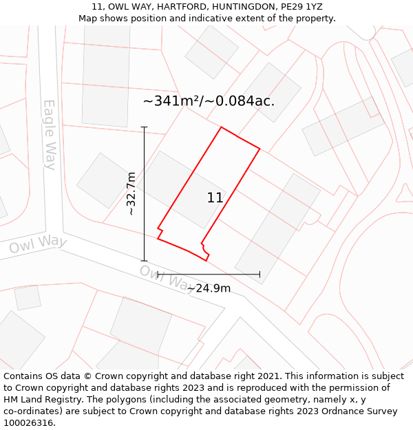 11, OWL WAY, HARTFORD, HUNTINGDON, PE29 1YZ: Plot and title map