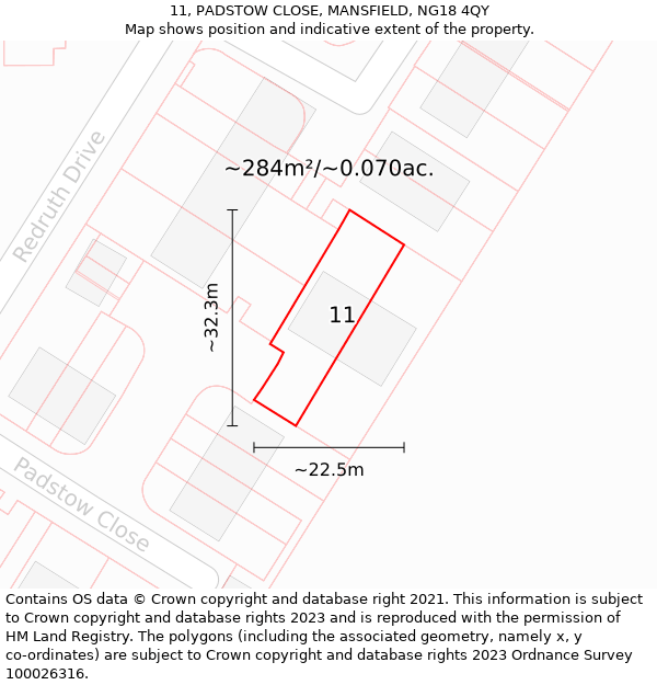 11, PADSTOW CLOSE, MANSFIELD, NG18 4QY: Plot and title map