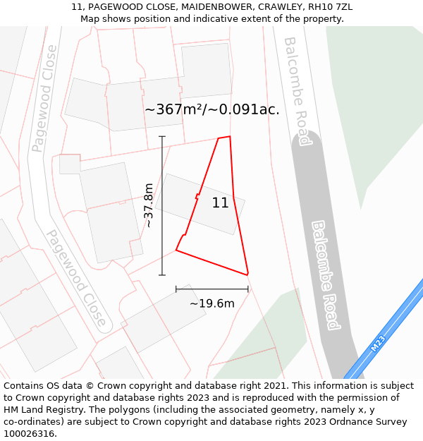 11, PAGEWOOD CLOSE, MAIDENBOWER, CRAWLEY, RH10 7ZL: Plot and title map