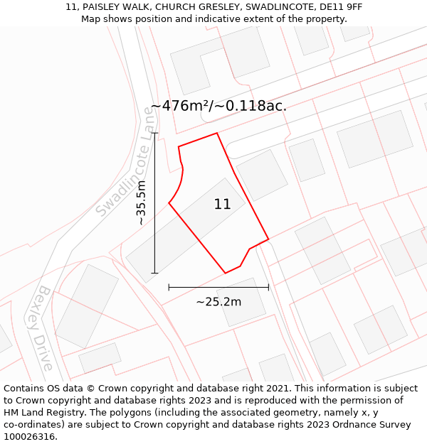 11, PAISLEY WALK, CHURCH GRESLEY, SWADLINCOTE, DE11 9FF: Plot and title map