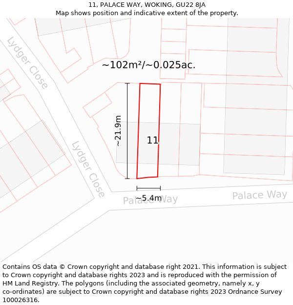 11, PALACE WAY, WOKING, GU22 8JA: Plot and title map