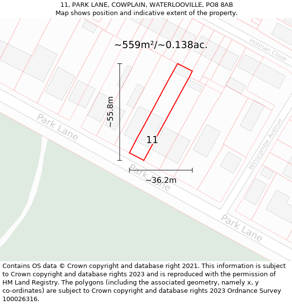 11, PARK LANE, COWPLAIN, WATERLOOVILLE, PO8 8AB: Plot and title map