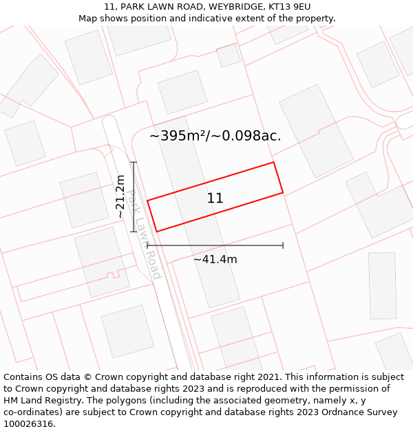 11, PARK LAWN ROAD, WEYBRIDGE, KT13 9EU: Plot and title map