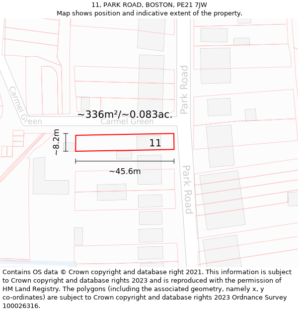 11, PARK ROAD, BOSTON, PE21 7JW: Plot and title map