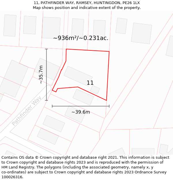 11, PATHFINDER WAY, RAMSEY, HUNTINGDON, PE26 1LX: Plot and title map