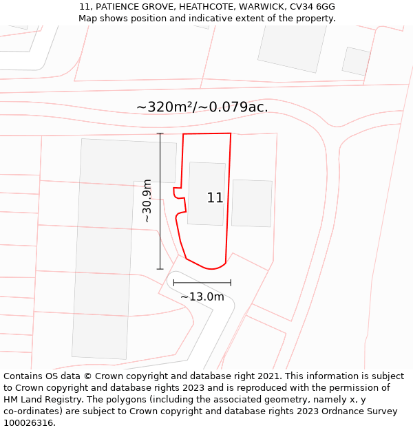 11, PATIENCE GROVE, HEATHCOTE, WARWICK, CV34 6GG: Plot and title map