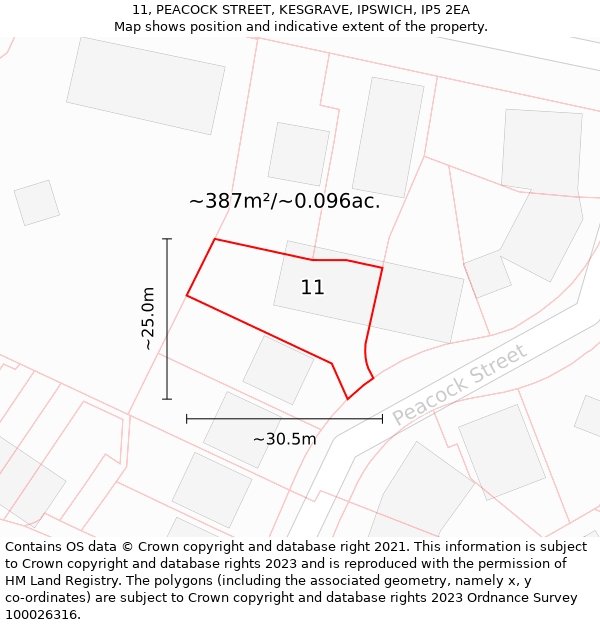 11, PEACOCK STREET, KESGRAVE, IPSWICH, IP5 2EA: Plot and title map
