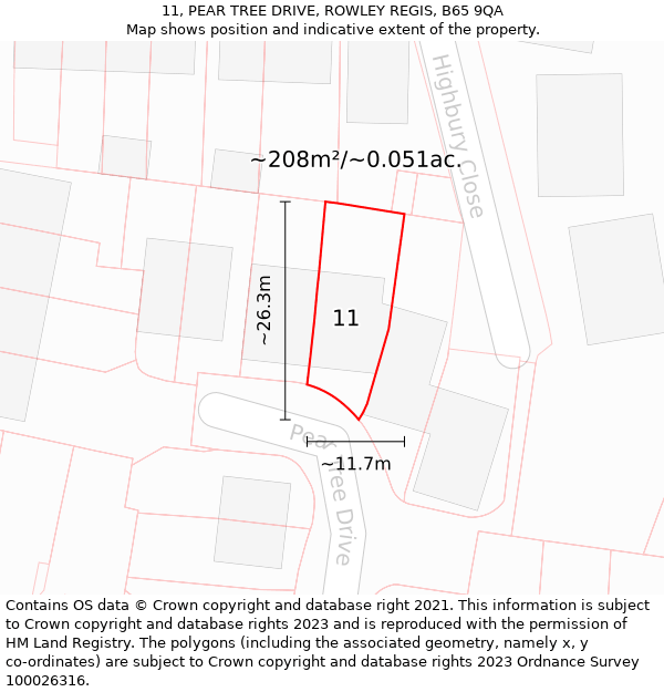 11, PEAR TREE DRIVE, ROWLEY REGIS, B65 9QA: Plot and title map