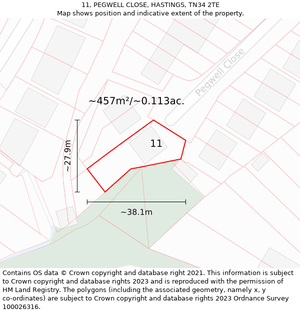 11, PEGWELL CLOSE, HASTINGS, TN34 2TE: Plot and title map