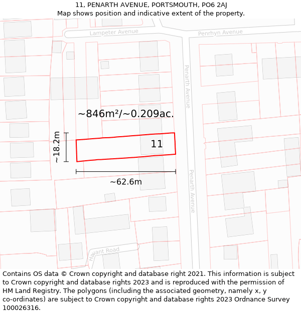 11, PENARTH AVENUE, PORTSMOUTH, PO6 2AJ: Plot and title map