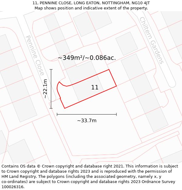 11, PENNINE CLOSE, LONG EATON, NOTTINGHAM, NG10 4JT: Plot and title map