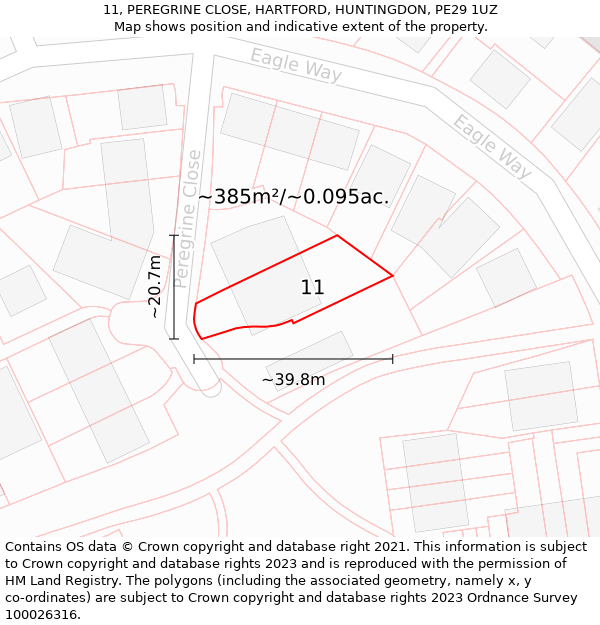 11, PEREGRINE CLOSE, HARTFORD, HUNTINGDON, PE29 1UZ: Plot and title map